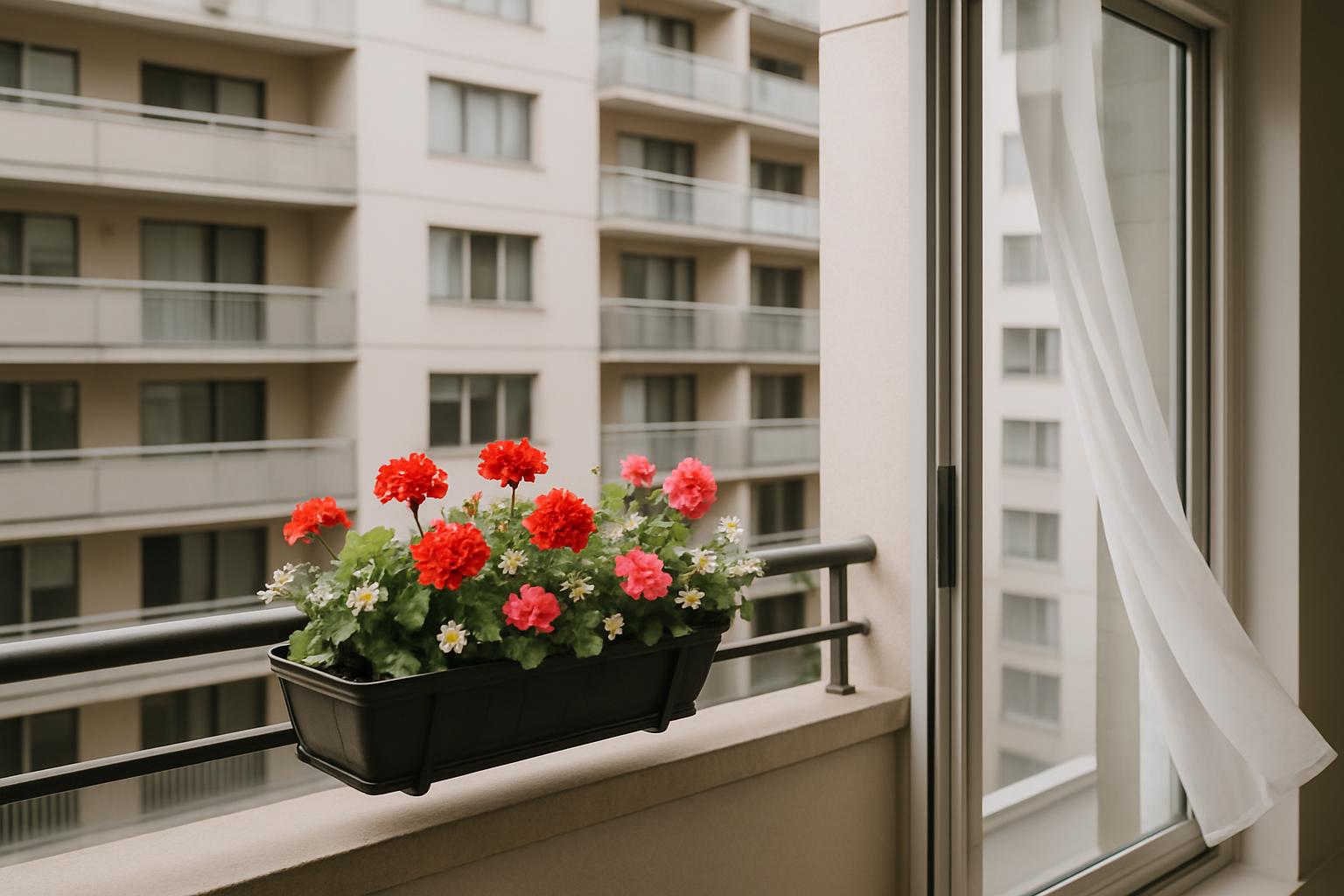a modern urban balcony with a planter box holding colorful flowers, white curtains pulled to the side as seen outside an a...
