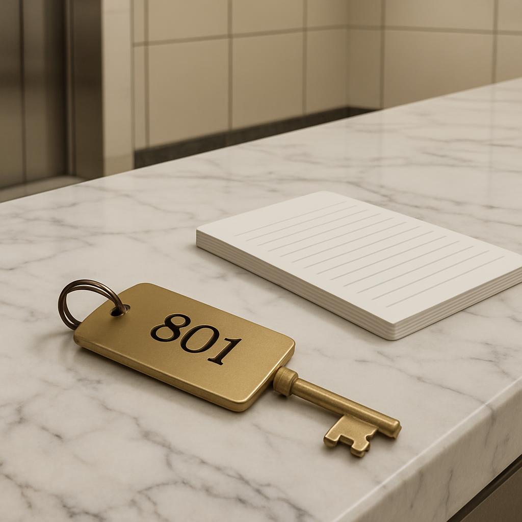 A hotel key with the room number 801 on a keychain next to a notepad in a clean hotel corridor.